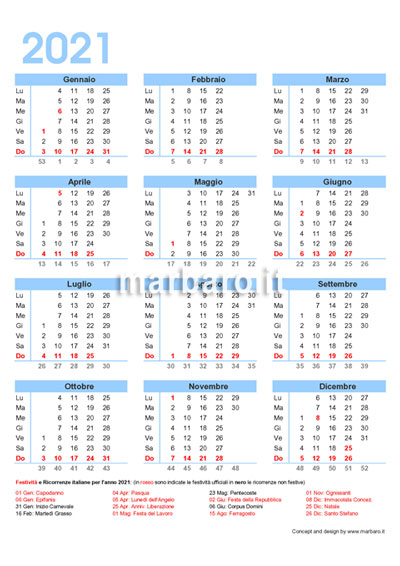 Calendario italiano 2021 con le festività dell'Italia