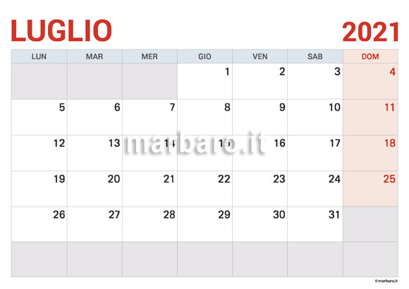 Calendario Luglio 2021 da stampare