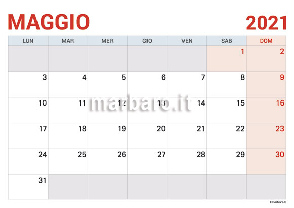 Calendario Maggio 2021 da stampare