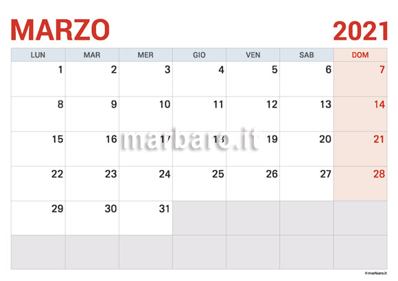 Calendario Marzo 2021 da stampare
