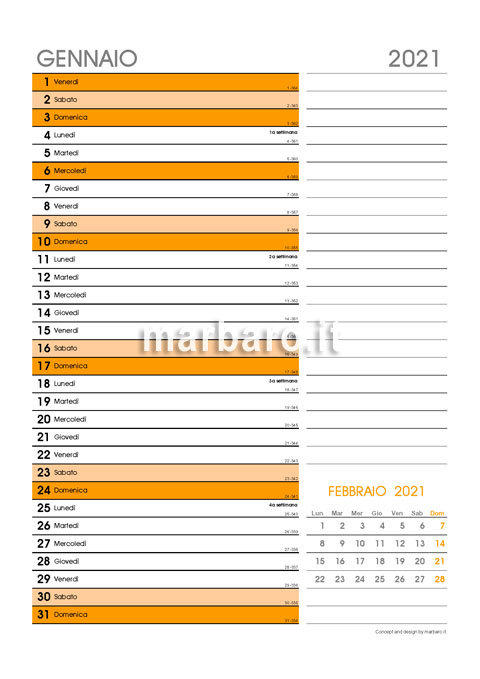 Calendario 2021 con settimane da stampare