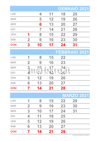 Calendario mensile 2021 in PDF 3 mesi per pagina
