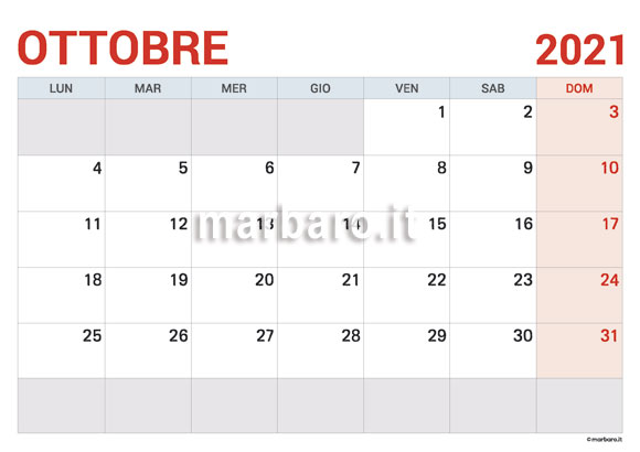 Calendario Ottobre 2021 da stampare