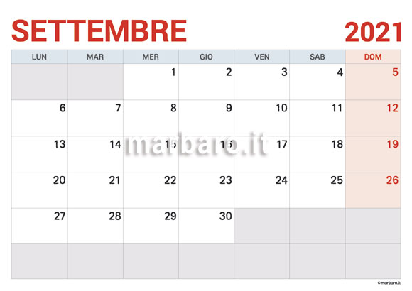 Calendario Settembre 2021 da stampare