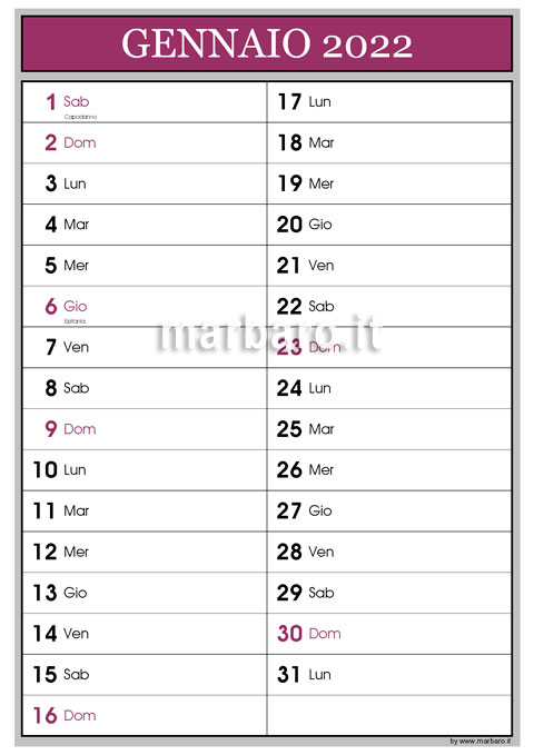 Calendario 2022 PDF 12 mesi con le festività