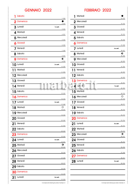 Calendario 2022 con le lune e i numeri delle settimane