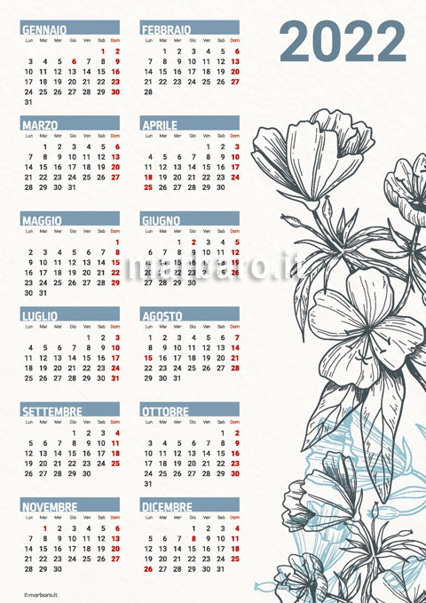 Calendario 2022 in PDF da stampare illustrato