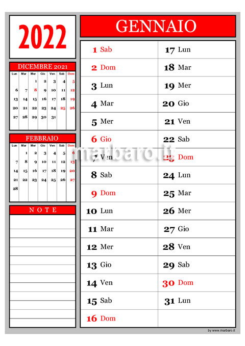 Calendario 2022 mensile da stampare con festività