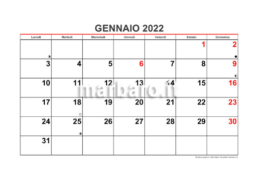 Calendario 2022 mensile da stampare