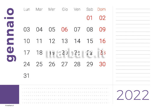Calendario 2022 mensile stampabile in A4 orizzontale