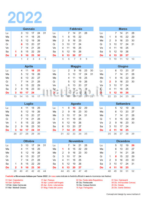 Calendario italiano 2022 con le festività dell'Italia