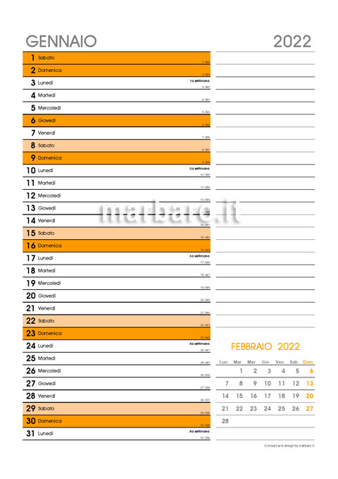 Calendario 2022 con i numeri di settimana da stampare