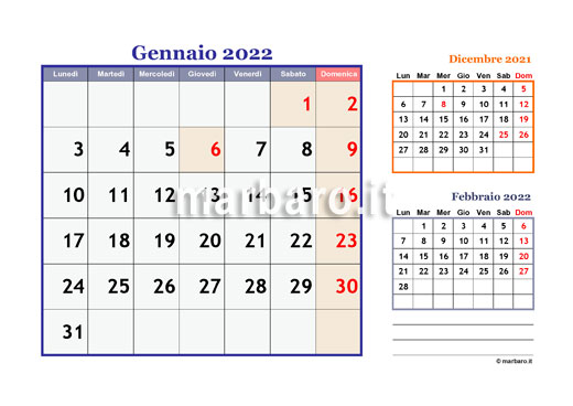 Calendario mensile 2022 mensile PDF stampabile