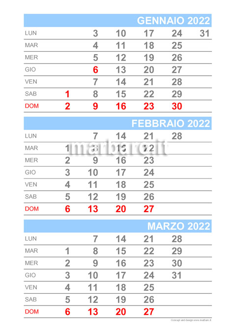 Calendario mensile 2022 in PDF 3 mesi per pagina