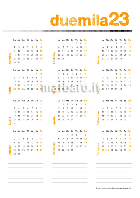 Calendario 2023 annuale le con festività in PDF