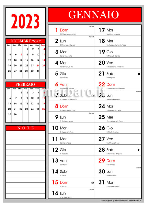 Calendario 2023 Con I Santi Del Giorno E Le Lune Da Stampare