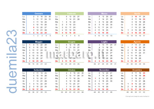 Calendario 2023 con i numeri delle settimane da stampare