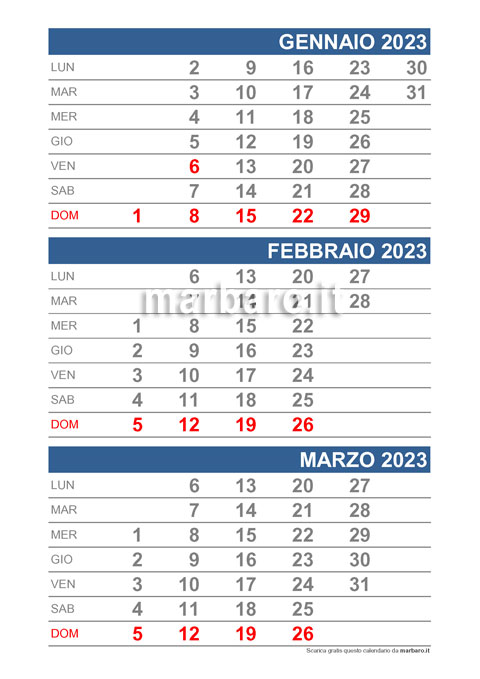 Calendario mensile 2023 in PDF con 3 mesi per pagina