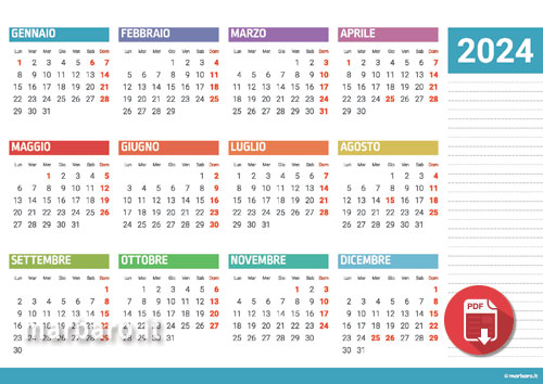 Calendario per l'intero anno 2024, Pianificatore mensile 2024, Calendario  annuale arcobaleno 2024, Calendario stampabile, Pianificatore da parete 2024,  Calendario da parete 2024, -  Italia