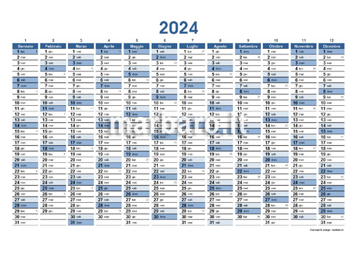 Calendario 2024 con il numero delle settimane e dei giorni