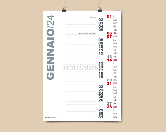 Calendario da parete 2024 da stampare, calendario 2024 da parete