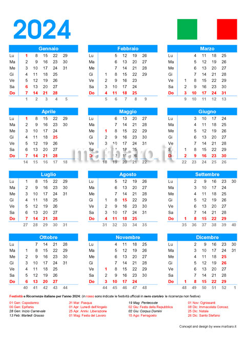 Calendario 2024 italiano con le festività in vigore in Italia