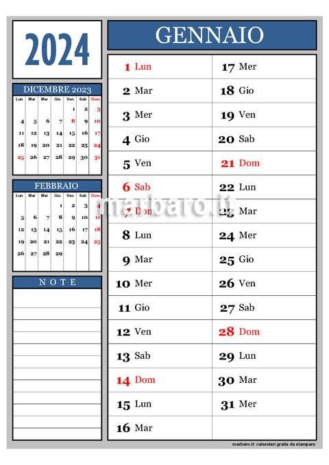 Calendario 2024 planner planning caselle giornaliero muro