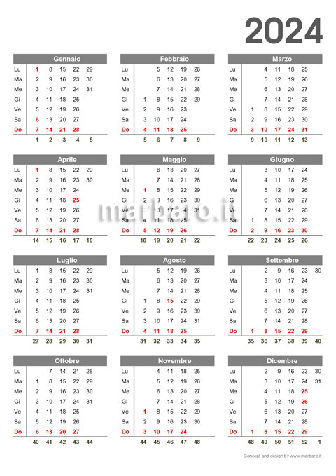 Calendario 2024 stampabile con i numeri delle settimane
