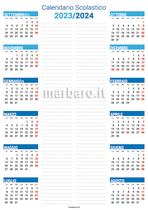 Calendario per l'anno scolastico 2023/24 gratuito da stampare