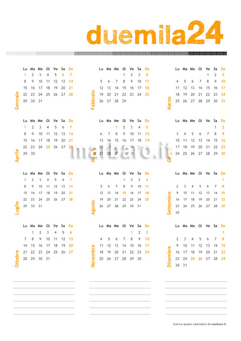 Calendario annuale 2024 da stampare