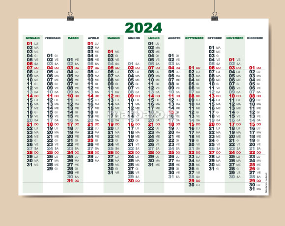Calendario da parete di una pagina 2024. Modello Photoshop