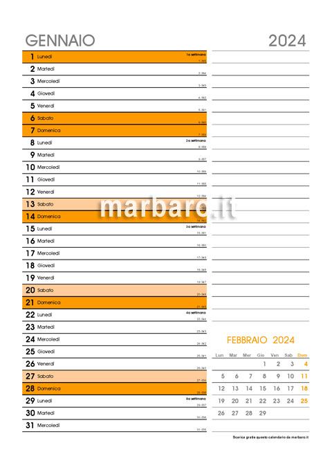 Calendario mensile 2024 in PDF da stampare