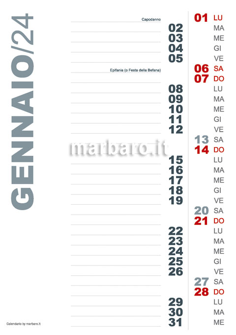 Calendario mensile 2024 stampabile