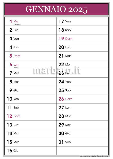 Calendario mensile 2025 in PDF con i 12 mesi e le festività