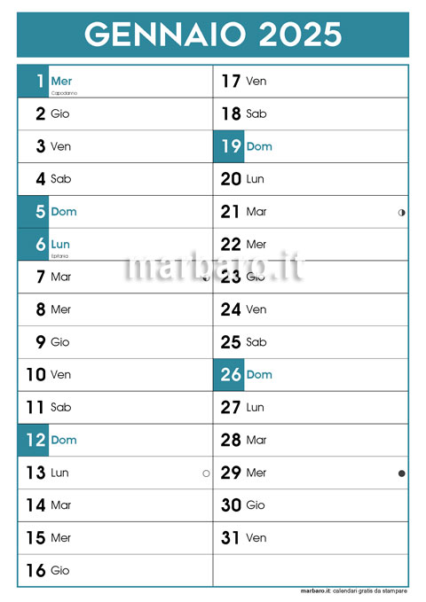 Calendario mensile 2025 in PDF con i 12 mesi stampabile in A4