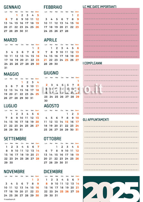 Calendario 2025 PDF gratis da stampare