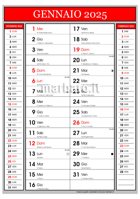 Calendario 2025 con i santi e le lune da stampare Calendario 2025 con i santi e le lune da stampare