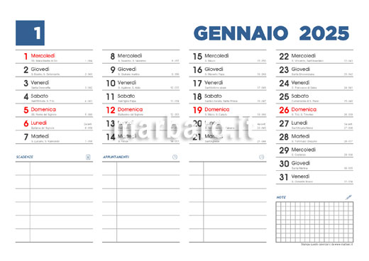 Calendario 2025 con i santi e i numeri delle settimane da stampare Calendario 2025 con i santi e i numeri delle settimane da stampare