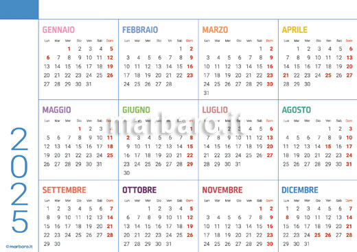 Calendario 2025 con le festività italiane da stampare