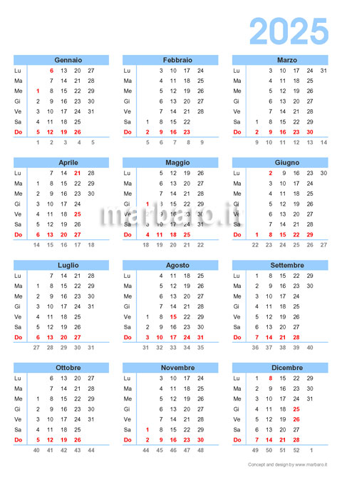 Calendario 2025 con le settimane stampabile