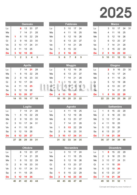 Calendario 2025 con i numeri delle settimane stampabile