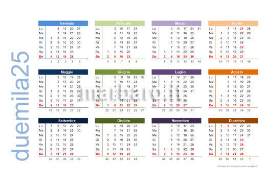 Calendario 2025 con le settimane e le festività da stampare