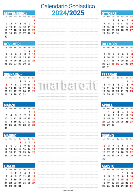 Calendario per l'anno scolastico 2024/25 gratuito da stampare