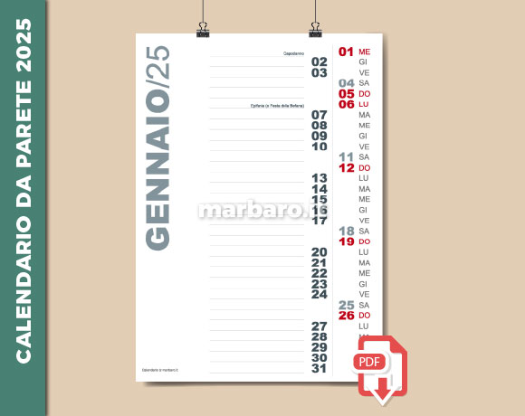 Calendario da parete 2025 PDF da stampare