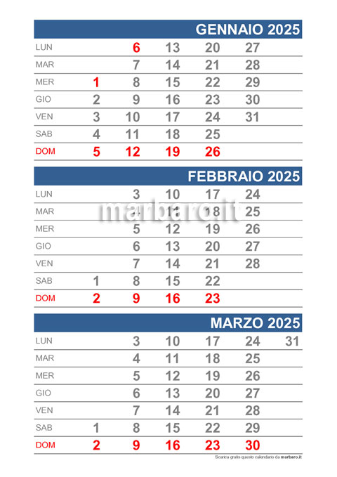 Calendario mensile 2025 da stampare con 3 mesi per pagina