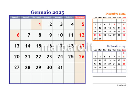 Calendario mensile del 2025 stampabile in A4