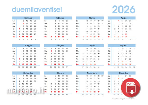Calendari 2026 con settimane da stampare