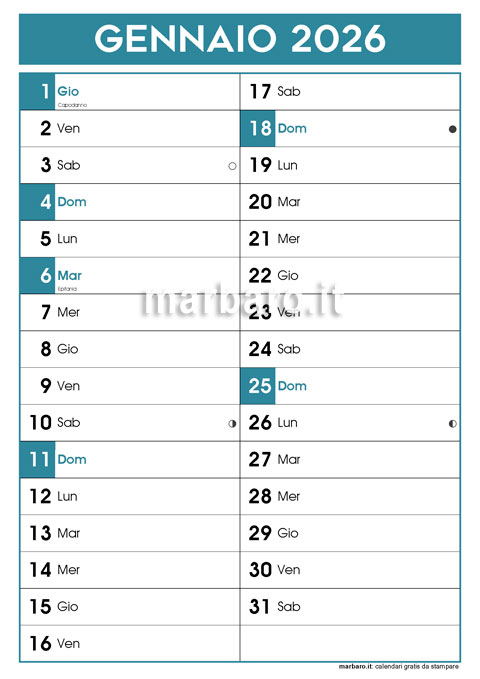 Calendario mensile 2026 in PDF con i 12 mesi stampabile in A4