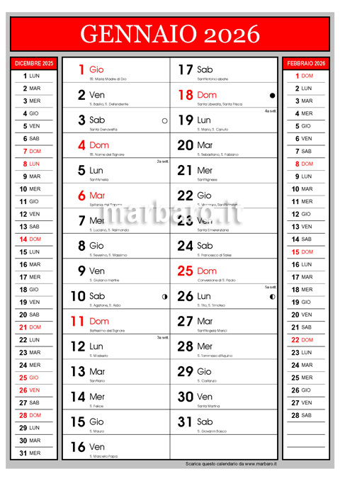 Calendario 2026 con i santi e le lune da stampare