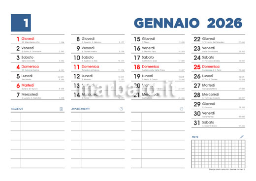 Calendario 2026 con i santi e i numeri delle settimane da stampare